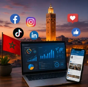 Marketing digital au Maroc : entrepreneur analysant les réseaux sociaux pour développer ses ventes en ligne