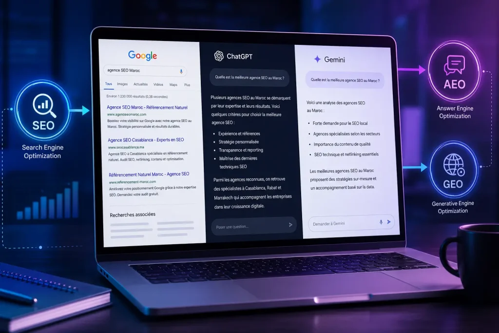 Comparaison entre SEO, AEO et GEO montrant les différentes méthodes de visibilité sur Google et les moteurs d'intelligence artificielle en 2026